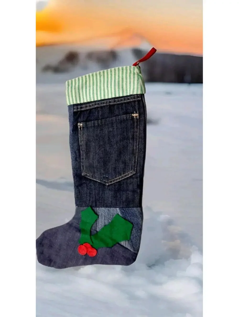 70s Christmas Denim Stocking LARGE SIZE Hippie Holiday RECYCLED JEANS